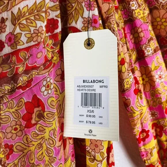 Billabong Mini Dress Hearts Desire Multicolor Floral Long Sleeve V‎ Neck Size XS - Picture 9 of 11